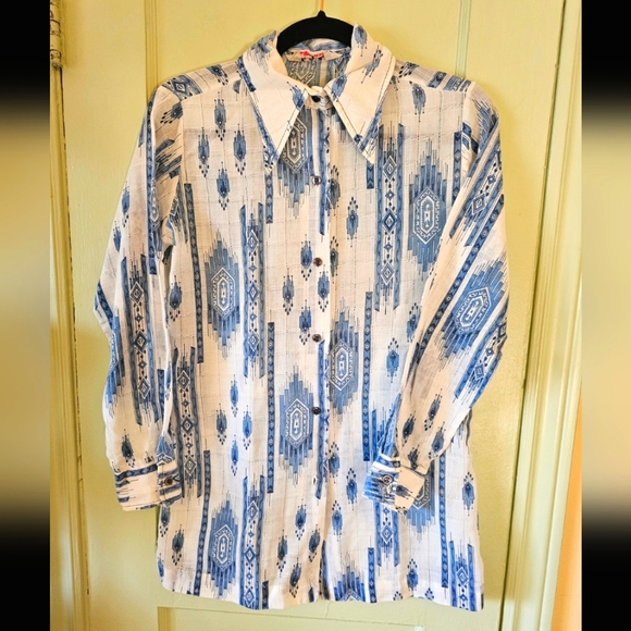 Vintage 70s Navajo Aztec print western blue white button up cowgirl rideo shirt - Picture 2 of 11